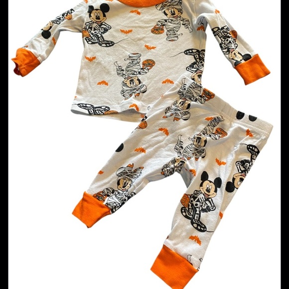 Disney Orange and White Pajama Set with Mickey and Minnie Mouse Halloween Print - Picture 1 of 7